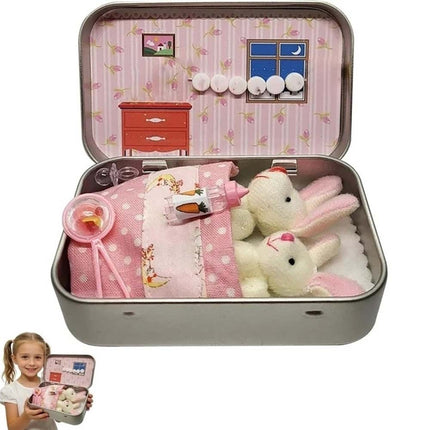 2 Pack Easter Bunny Plush Toys in Tin Box Pocket Hug Ornament Gift