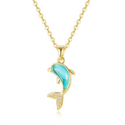 Stainless Steel Blue Dolphin Pendant Necklace - European Style Gift for Women