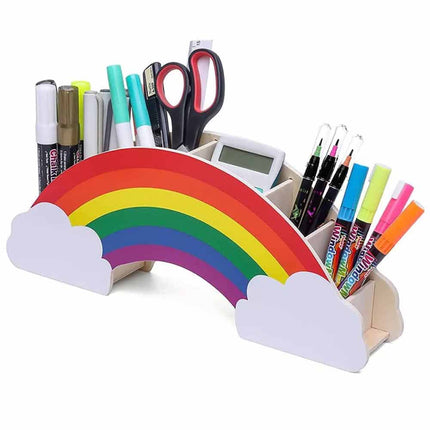 Rainbow Wooden Desk Organiser, DIY Pen & Pencil Holder with Phone Storage Compartment