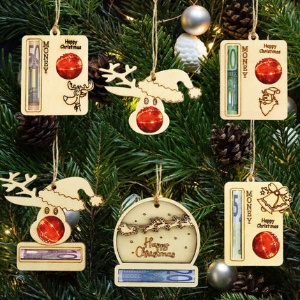 6Pcs Christmas Money Holder Set for Cash Gift Wooden Xmas Tree Hanging Cash Holder