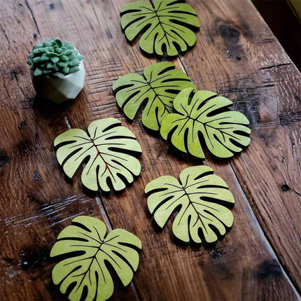 10Pcs Wooden Drink Coaster Set, Bamboo Leaf Pattern Non-Slip Heat Resistant Coffee Cup Mats