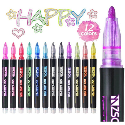 12 Colors Drawing Double Line Outline Pen Highlighter Marker Pens For School
