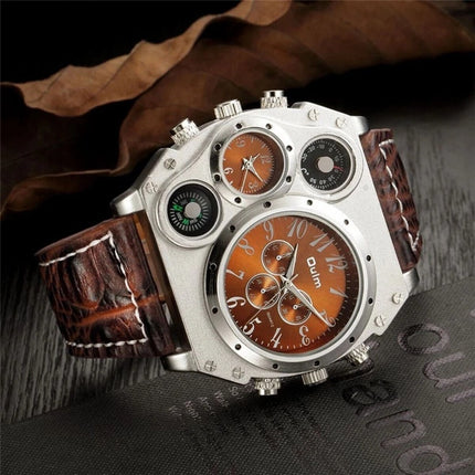 Men Army Sports Fashion Two Time Zones Big Dial Leather Strap Quartz Wrist Watch