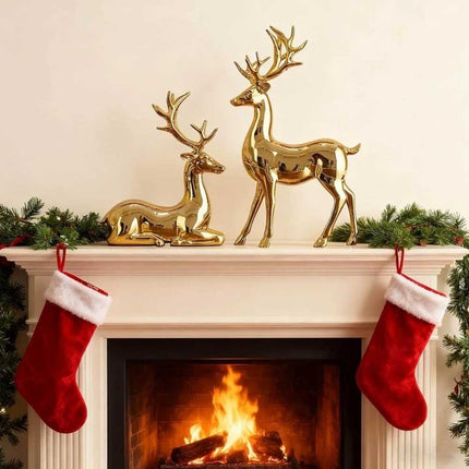 2Pcs Gold Reindeer Christmas Figurines - Indoor Holiday Decor Table Centerpieces