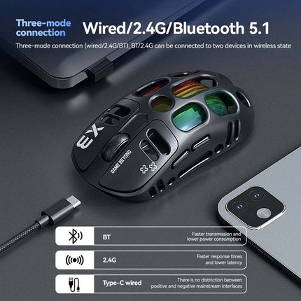 RGB Gaming Mouse, PixArt PAW3311 Sensor, 12000 DPI, 500mAh Battery, BT/2.4G Wireless/Wired Connectivity