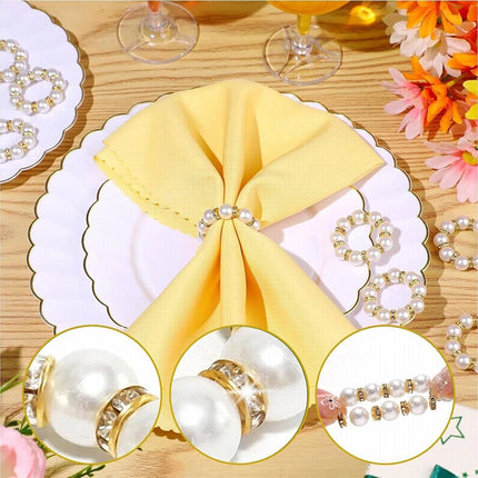 2Pcs Beaded Imitation Pearl Napkin Rings, Silver & Gold Dinner Table Decor Holders