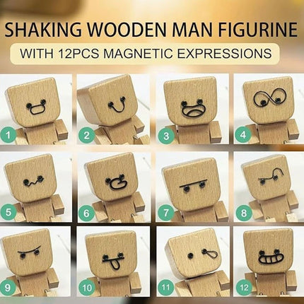New Shaking Wooden Man Figure Decoration with 12 Magnetic Expressions Fun Swinging Desktop Ornament