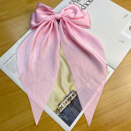 Korean Style Long Satin Bow Hair Clip, Premium Fabric Zinc Alloy Spring Barrette, Elegant Hair Accessory for Women & Girls