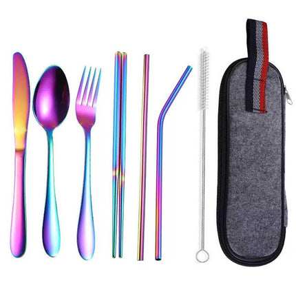 8PCS Portable Color Stainless Steel Tableware Dinnerware Travel Camping Cutlery Set