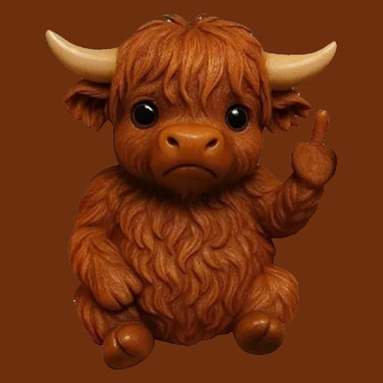 Lifelike Mini Highland Cow Middle Finger Resin Figurine - Realistic Animal Statue, Unique Ornament for Home Decor