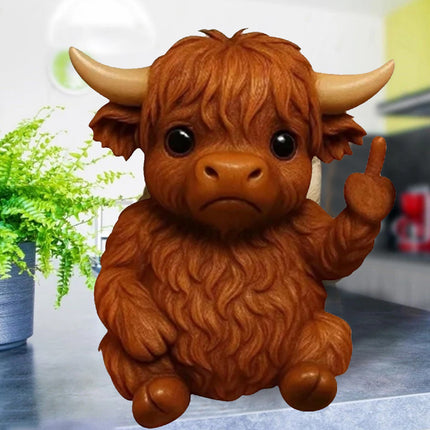 Lifelike Mini Highland Cow Middle Finger Resin Figurine - Realistic Animal Statue, Unique Ornament for Home Decor