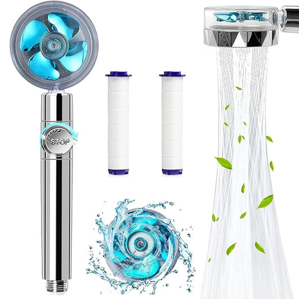 High Pressure Turbo Fan Drive Jet Shower Head - Water Saving with 3 Replacement Filters 360° Rotation