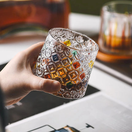 Colored Crystal Whiskey Glass Set with Snowflake Design - Elegant Holder for Bourbon, Tequila & Cocktails, Perfect Gift