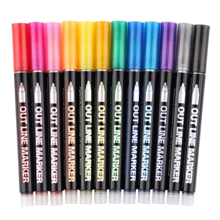 12 Colors Drawing Double Line Outline Pen Highlighter Marker Pens For School