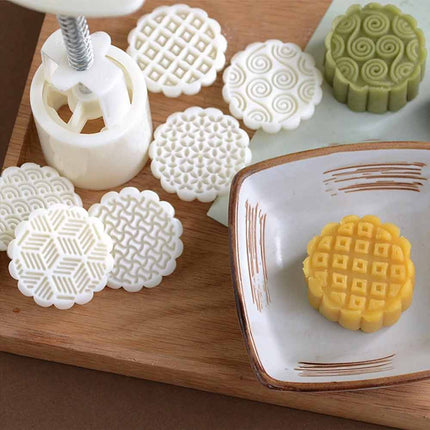 Hand‑Press Mooncake Mold Set with 6 Geometric Pattern Stamps, DIY Baking Tool for Mooncake & Mung Bean Cakes