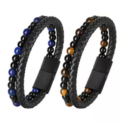 Me Natural Tiger Eye Stone Beads Bracelet Matte Black Onyx Leather Bracelet 23CM