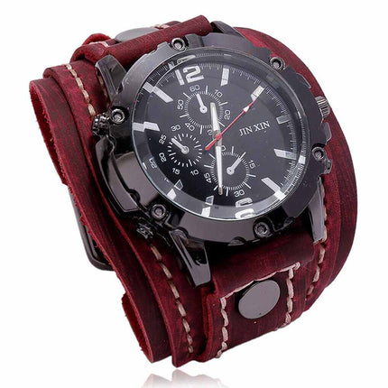 Military Retro Genuine-Leather Strap Watch Men Punk Quartz Cuff Watch Wristwatch