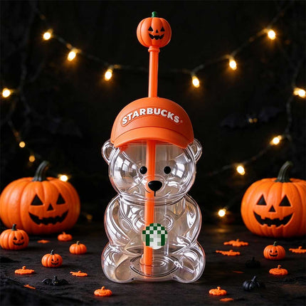 Halloween Bear Drink Cup with Pumpkin Straw Topper, Orange Cap, Collectible Seasonal Drinkware
