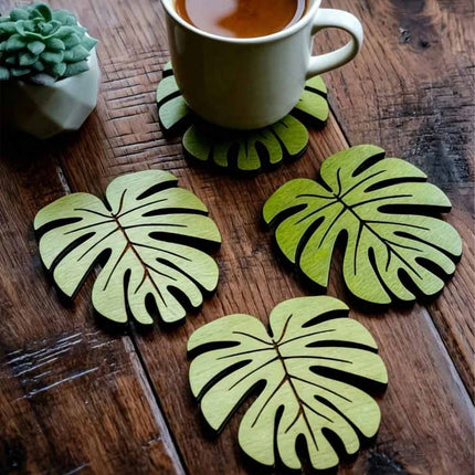 10Pcs Wooden Drink Coaster Set, Bamboo Leaf Pattern Non-Slip Heat Resistant Coffee Cup Mats