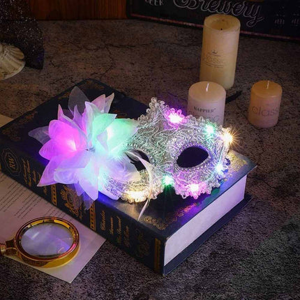 2 Pack Women Lace Light‑Up Masquerade Mask with Side Flower, Carnival Party Costume Accessory