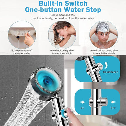High Pressure Turbo Fan Drive Jet Shower Head - Water Saving with 3 Replacement Filters 360° Rotation