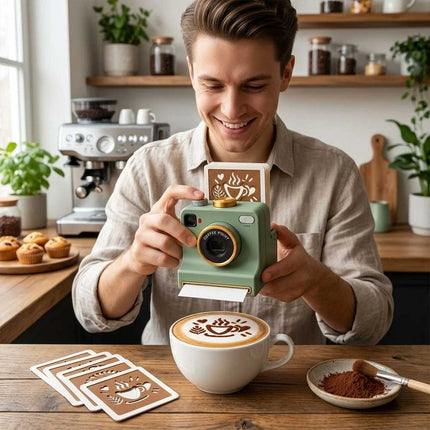 3D‑Printed Latte Art Camera, Coffee Powder Decorator with Interchangeable Stencil Cards