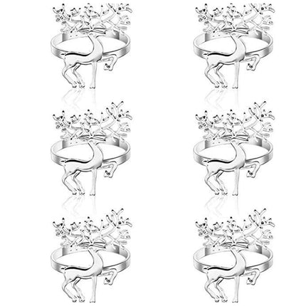 6X Silver Deer Christmas Napkin Rings - Alloy Reindeer & Elk Napkin Holders