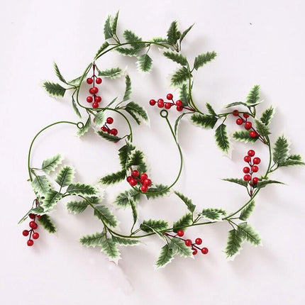2Pcs 2.2M Holly Leaves Christmas Garland Decor – Artificial Greenery with Fake Red Berries, Perfect for Christmas Holiday Adornment