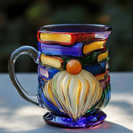 Glass 3D Painted Gnome Book Mug  Stack Coffee Cup Novelty Room Home Decor