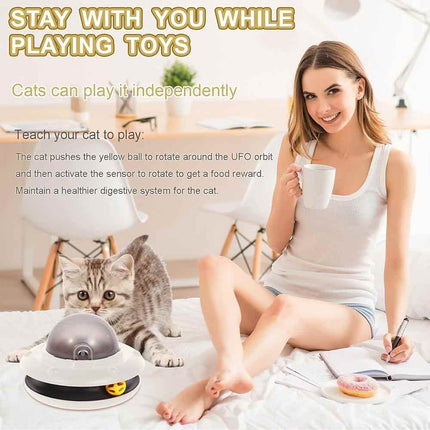 White UFO Shaped Interactive Cat Toy Automatic Dry Food Dispenser Pet Puzzle Feeder