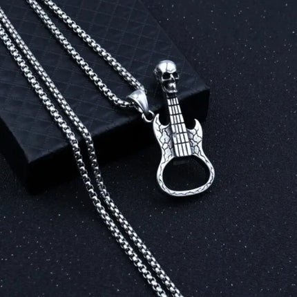 Hip Hop Biker Skull Guitar Pendant Necklace - Stainless Steel Rock Music Style Gift
