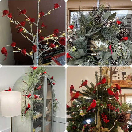 12PCS Red Cardinal Bird Ornaments: Clip-On Feathered Realistic Style for Home Decor