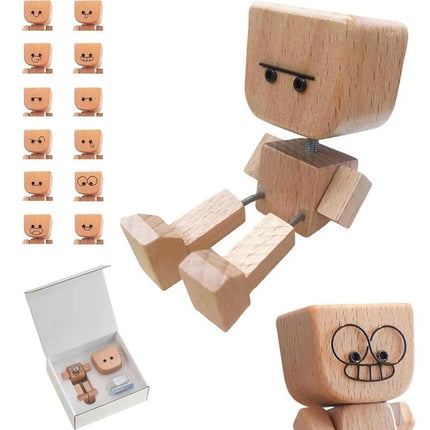 New Shaking Wooden Man Figure Decoration with 12 Magnetic Expressions Fun Swinging Desktop Ornament