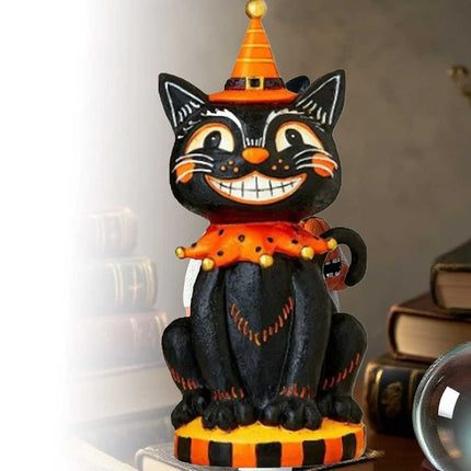 6 Inch Vintage Halloween Cat Figurine: Black & Orange Resin Decor for Home