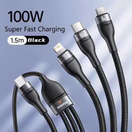 3 in 1 Baseus Rapid Series Fast Charging Data Cable Type-C to C+L+C PD 20W 1.5m Black