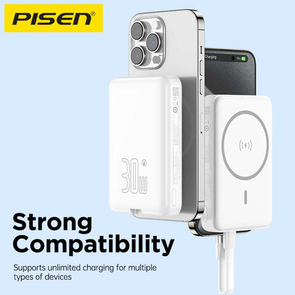 PISEN 10000mAh 30W Magnetic Wireless Power Bank, PD QC3.0 Fast Charging with Foldable Stand