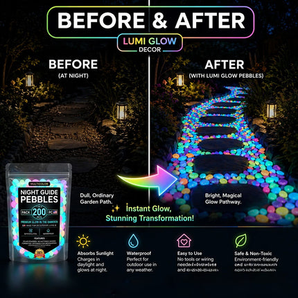 200PCS Glow In The Dark Pebbles, Luminous Garden Stones for Outdoor Yard Decor & Gift