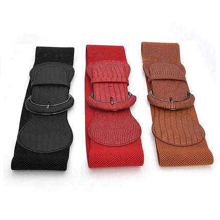 Women Ladies Faux Leather Wide Stretch Elastic Buckle Cinch Waist Wide Belt 85CM