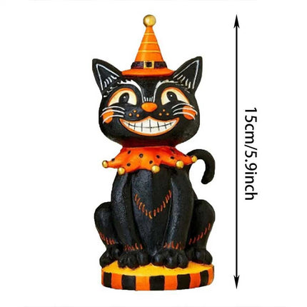 6 Inch Vintage Halloween Cat Figurine: Black & Orange Resin Decor for Home