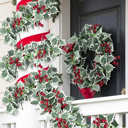 2Pcs 2.2M Holly Leaves Christmas Garland Decor – Artificial Greenery with Fake Red Berries, Perfect for Christmas Holiday Adornment