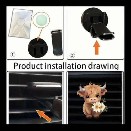 2-Pack Highland Cow Car Air Fresheners Cute Acrylic Vent Clips with Floral Accents