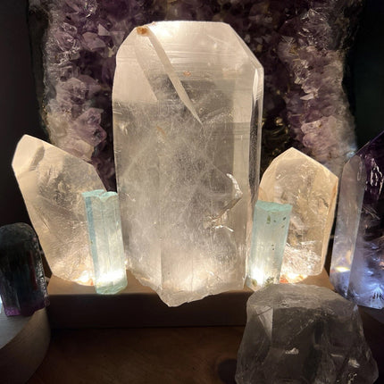 Crystal Glow Display Stand – 3 LED Lights, Wooden Base