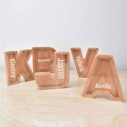 Wooden Piggy Bank Funny Letter/Alphabet Coin Saving Money Box Kids Adults Gift