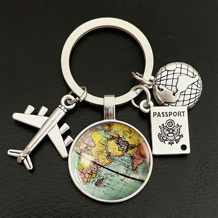 Traveller Keyring with World Globe, Airplane & Passport Charms Ideal Travel Gift for Wanderlust Enthusiasts