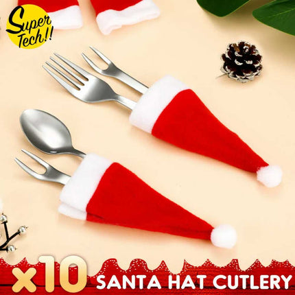 10PCS Red Hat Santa Cutlery Christmas Knife Bag Xmas Fork Holder Xmas Decoration