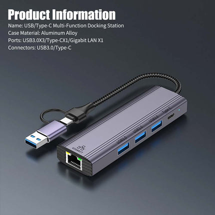 1000Mbps 5-in-2 Type-C to USB 3.0 Ethernet RJ45 LAN Gigabit Adapter