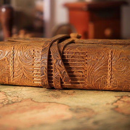 Vintage Leather Bound Journal - Handmade Carved Brown Leather Writing Notebook for Daily Use