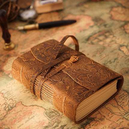 Vintage Leather Bound Journal - Handmade Carved Brown Leather Writing Notebook for Daily Use