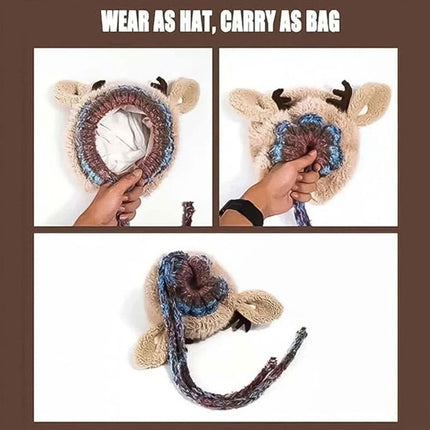2-in-1 Festive Reindeer Antler Knit Beanie Convertible Hat & Pouch