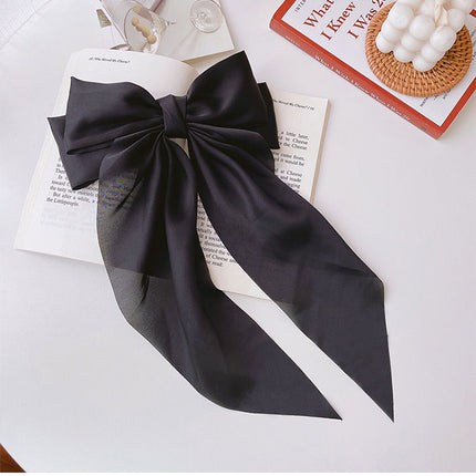 Korean Style Long Satin Bow Hair Clip, Premium Fabric Zinc Alloy Spring Barrette, Elegant Hair Accessory for Women & Girls